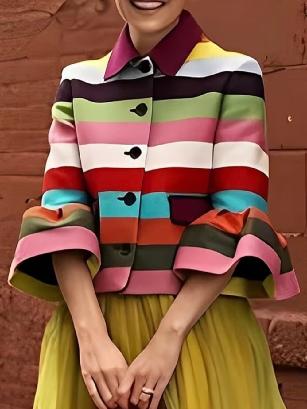 Female Vintage Multi-Colored Striped Lapel Elegant Jackets New Flared Sleeves - Picture 3 of 9